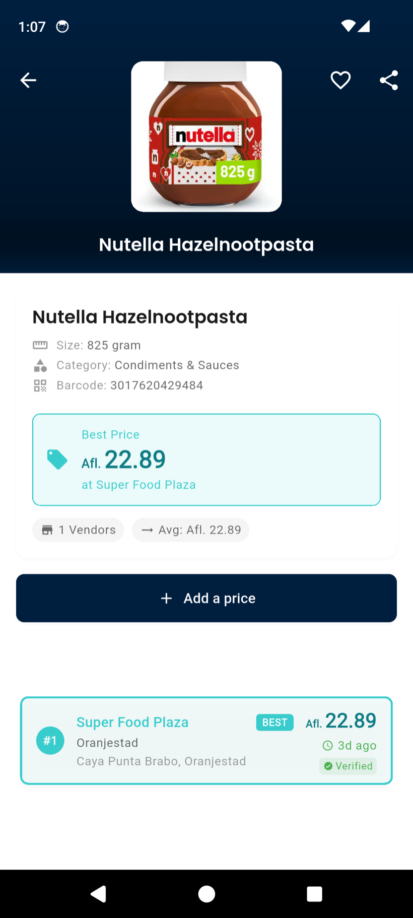 Unda product screen showing the best price at a supermarket